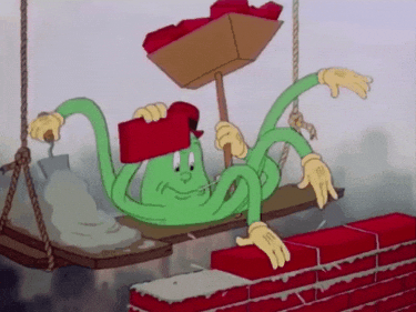 Animated construction worker building a brick wall